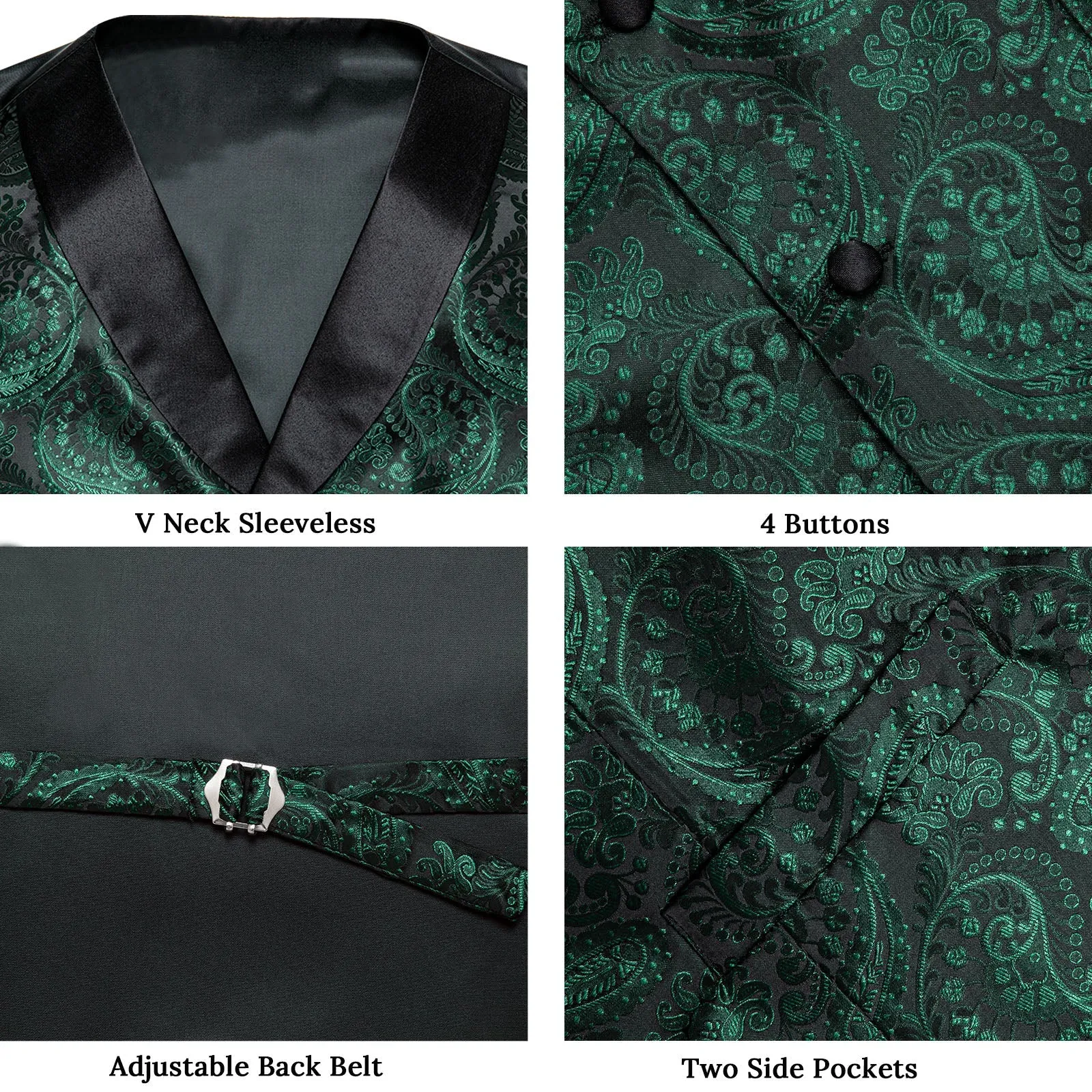 Deep Green Paisley Black Collar Vest Tie Hanky Cufflinks Set