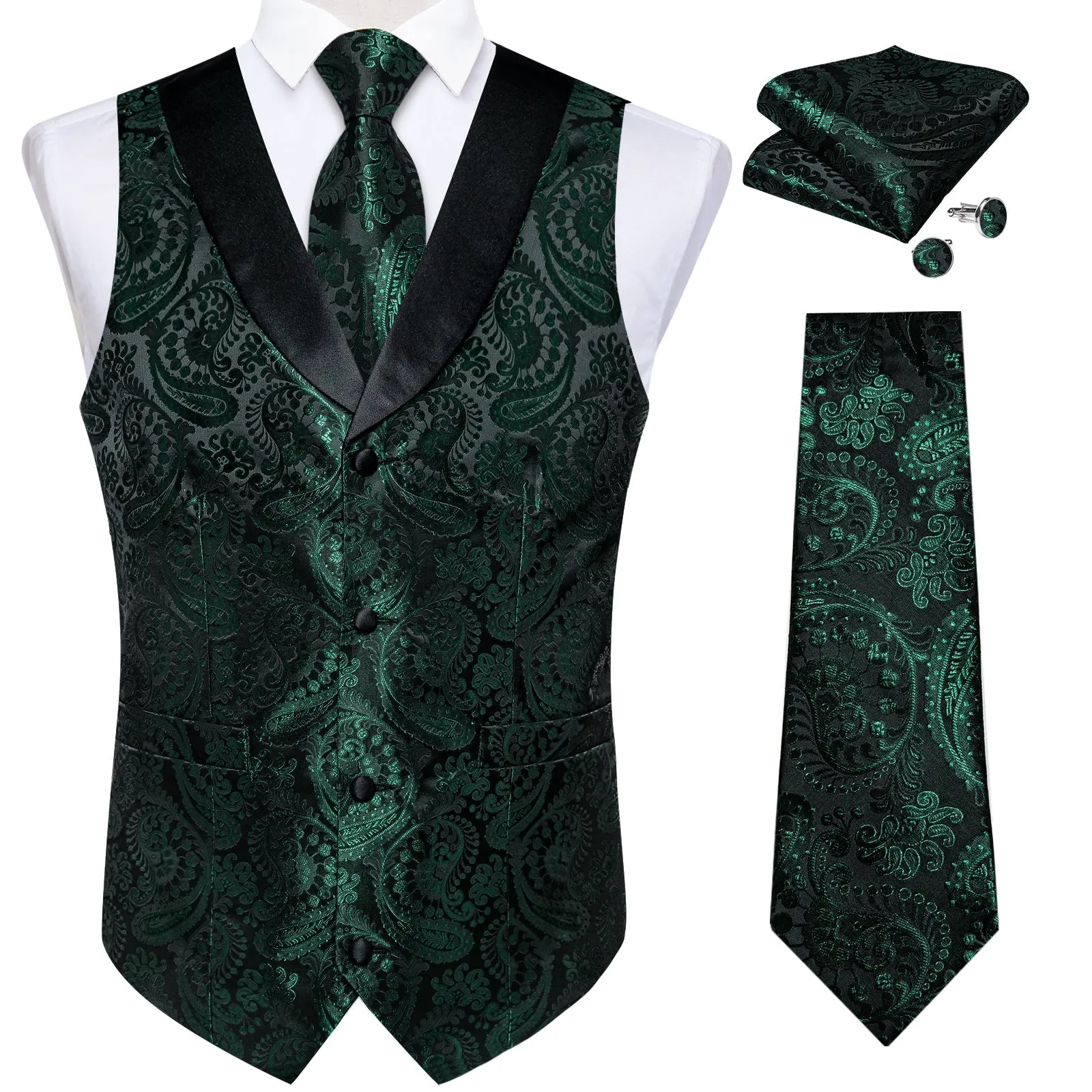 Deep Green Paisley Black Collar Vest Tie Hanky Cufflinks Set