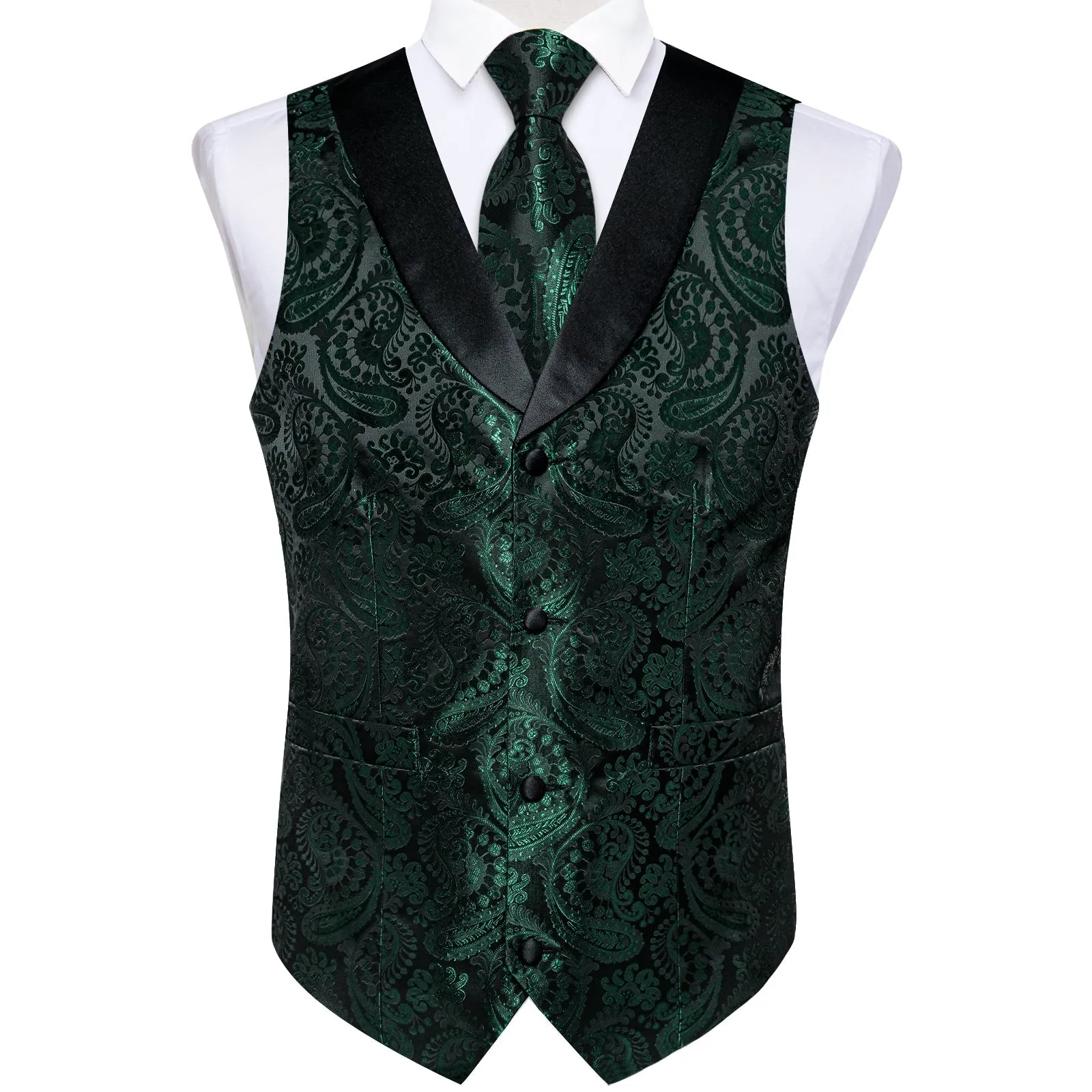 Deep Green Paisley Black Collar Vest Tie Hanky Cufflinks Set