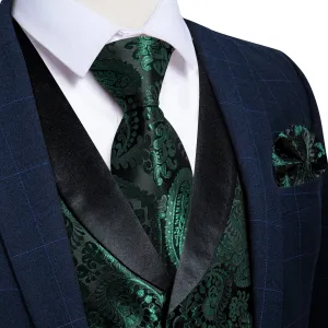 Deep Green Paisley Black Collar Vest Tie Hanky Cufflinks Set