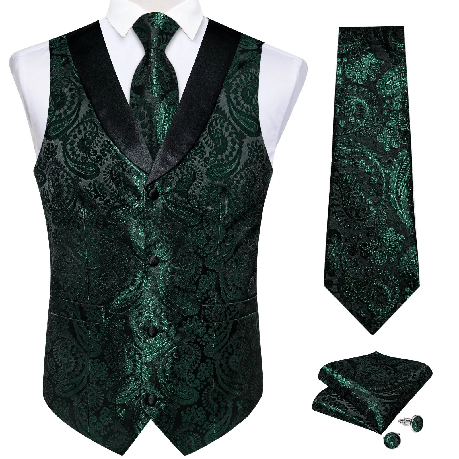 Deep Green Paisley Black Collar Vest Tie Hanky Cufflinks Set