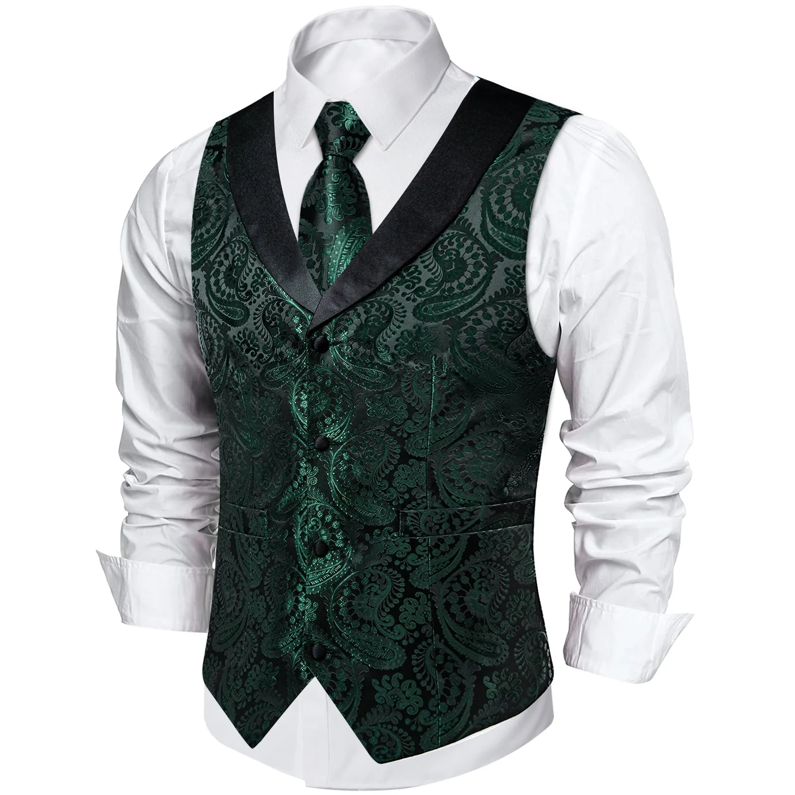 Deep Green Paisley Black Collar Vest Tie Hanky Cufflinks Set