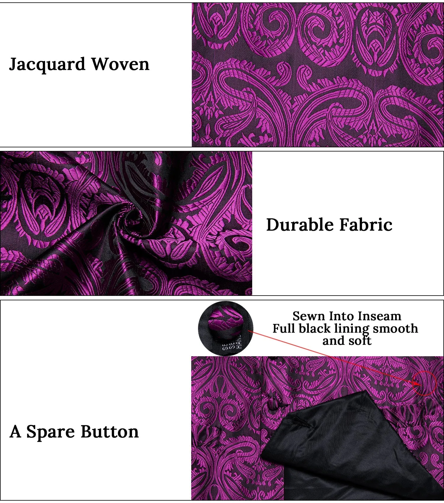 Deep Purple Paisley Jacquard Silk Men Vest Bow Tie Handkerchief Cufflinks Set