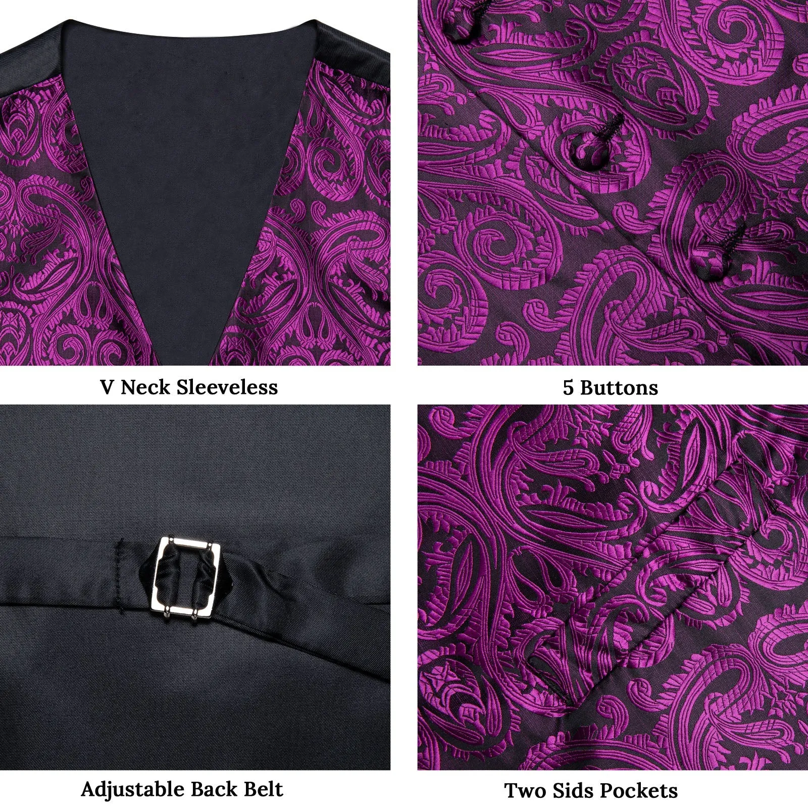 Deep Purple Paisley Jacquard Silk Men Vest Bow Tie Handkerchief Cufflinks Set