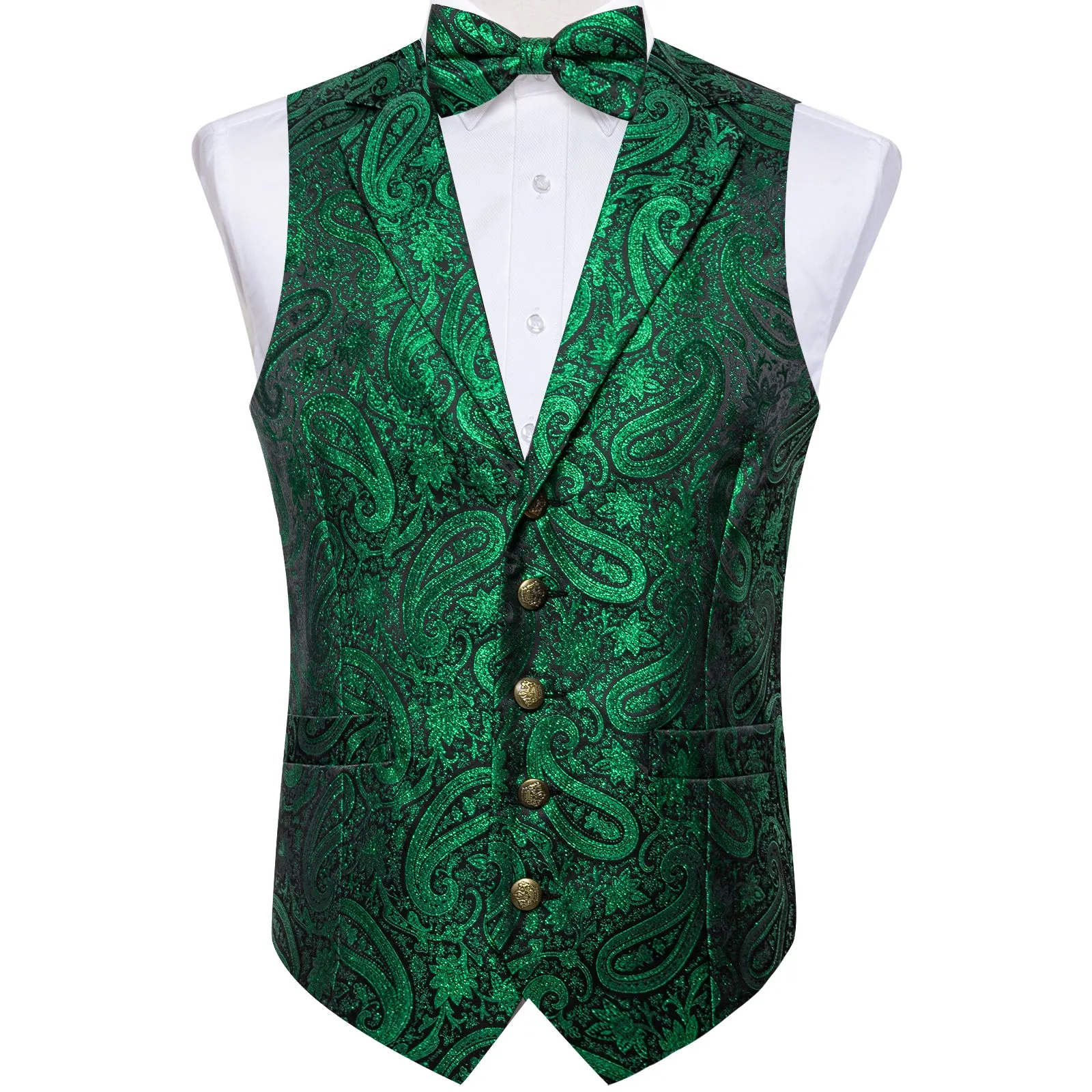 Emerald Green Paisley Jacquard Silk Men's Collar Vest Bow Tie Handkerchief Cufflinks Set