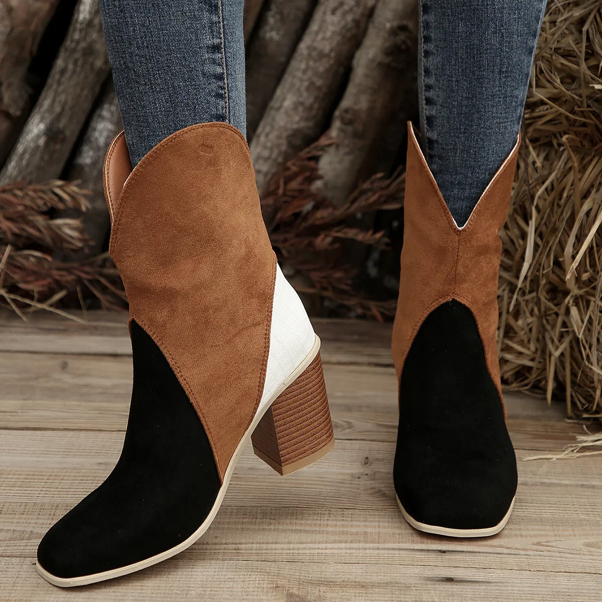 Fashion Splicing Suede Boots Retro Pointed-toe Square High Heel Mid-calf Boots For Women