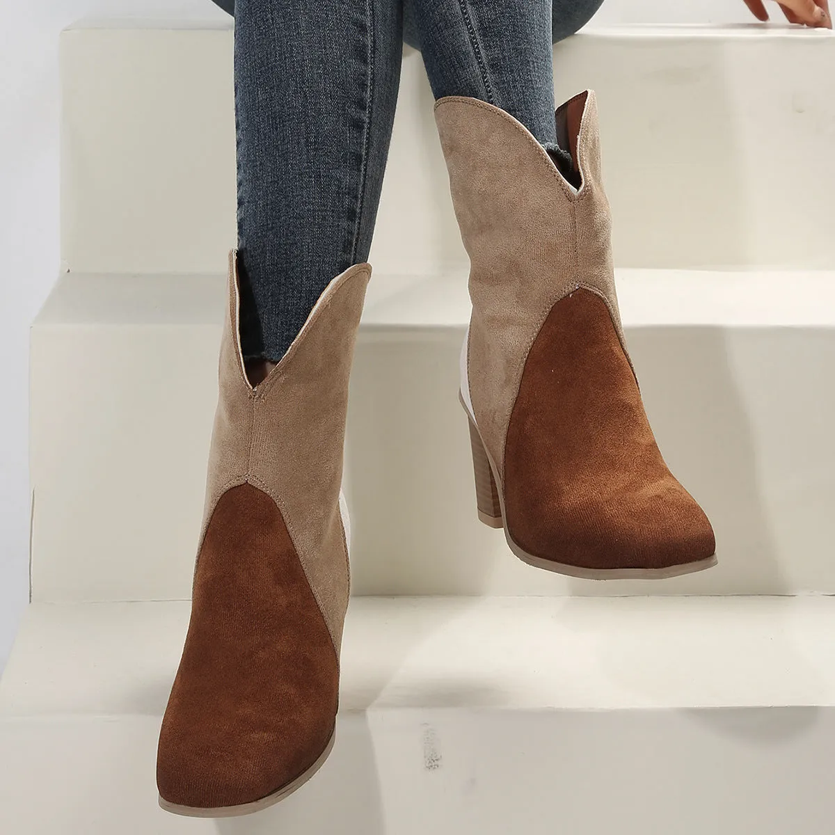 Fashion Splicing Suede Boots Retro Pointed-toe Square High Heel Mid-calf Boots For Women