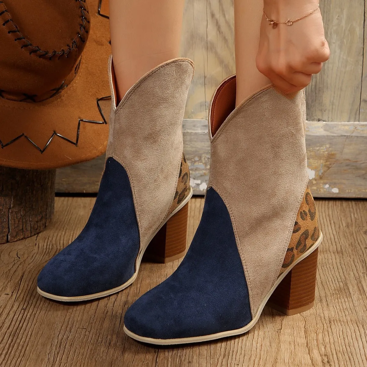 Fashion Splicing Suede Boots Retro Pointed-toe Square High Heel Mid-calf Boots For Women