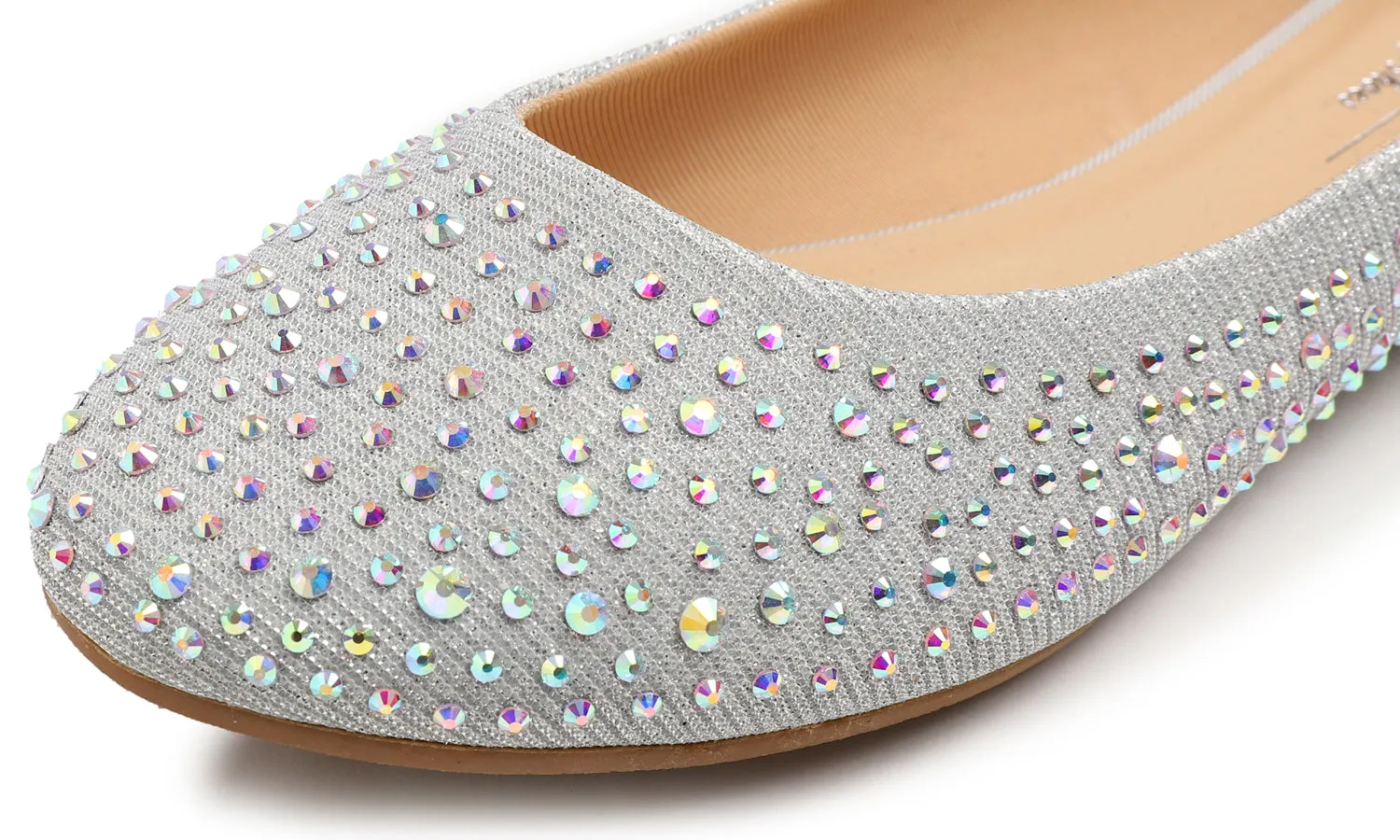 Feversole Women's Rhinestone Flat Shoes Sparkly Embellished Party Wedding Dress Ballets Silver Lurex