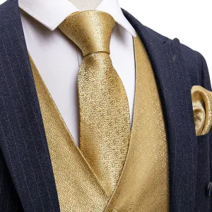 Golden Woven Solid Silk Men's Vest Tie Hanky Cufflinks Set Waistcoat Suit Set