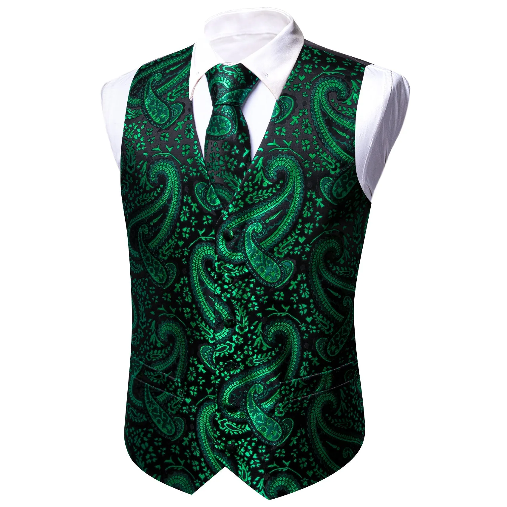 Green Black Paisley Silk Men's Vest Hanky Cufflinks Tie Set