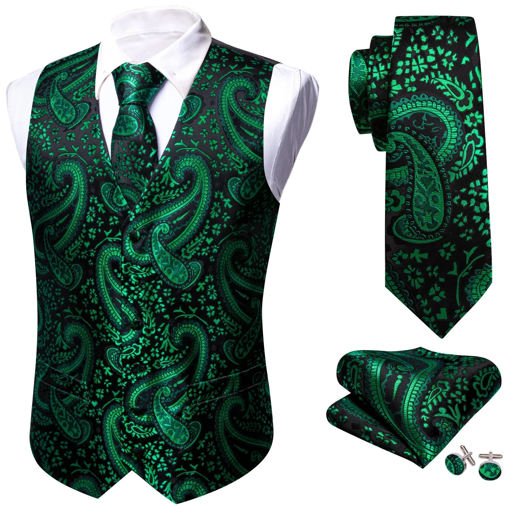 Green Black Paisley Silk Men's Vest Hanky Cufflinks Tie Set