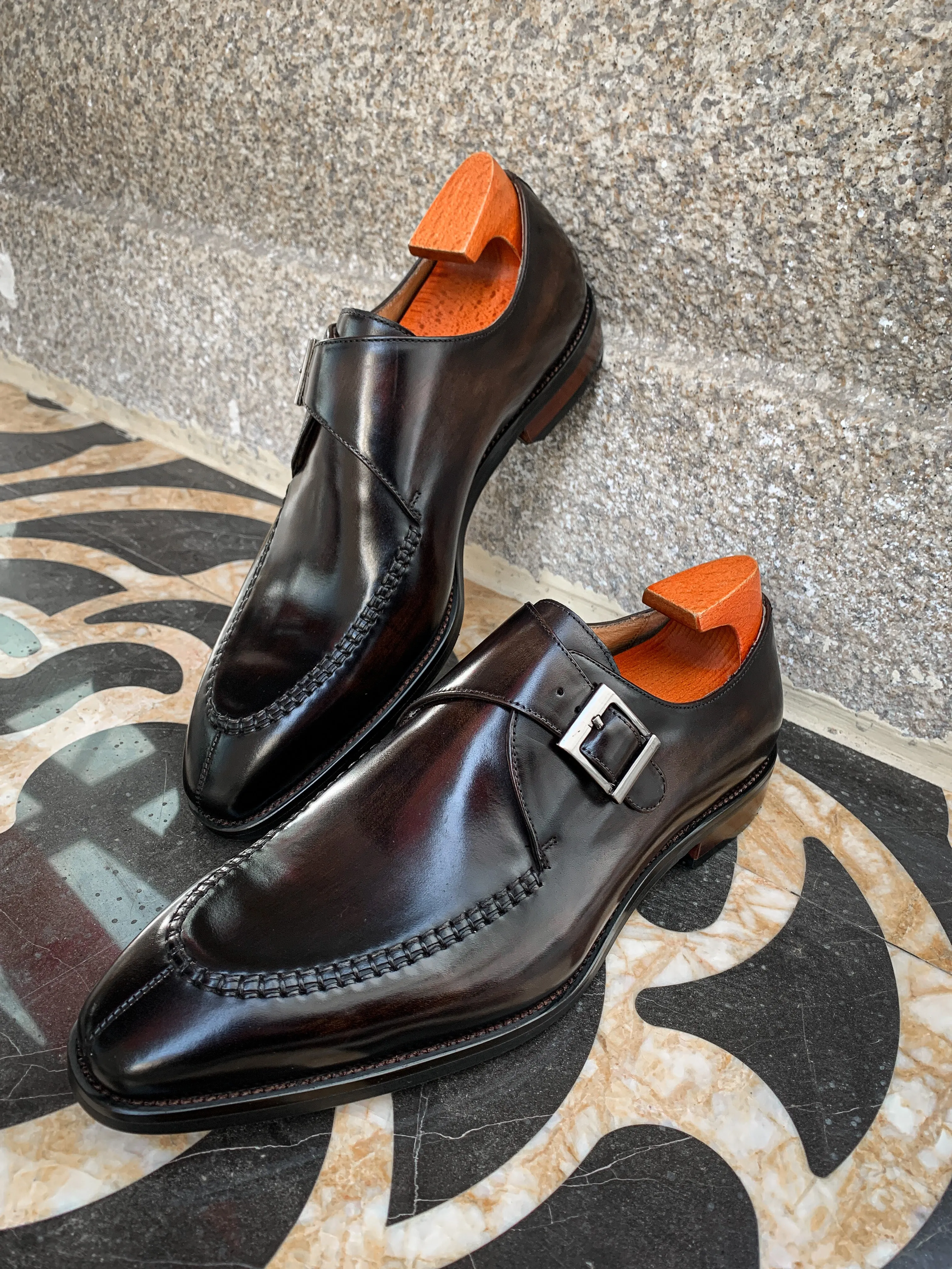 Handcrafted Dark Brown Single Monk Strap Shoes