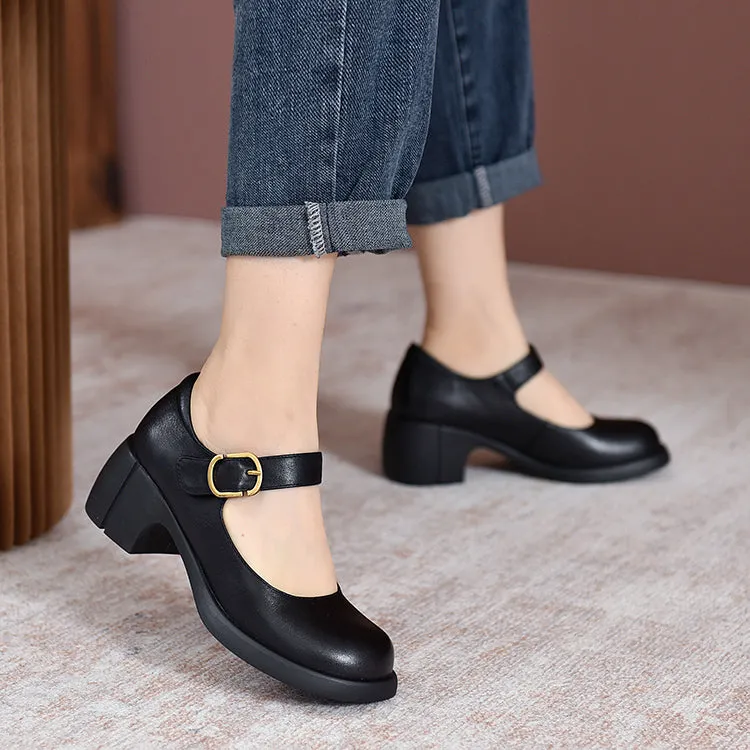 Handmade Leather Pumps Mary Jane Heels Sandals Womens Round Toe  Retro Velcro Sandals Black/Brown