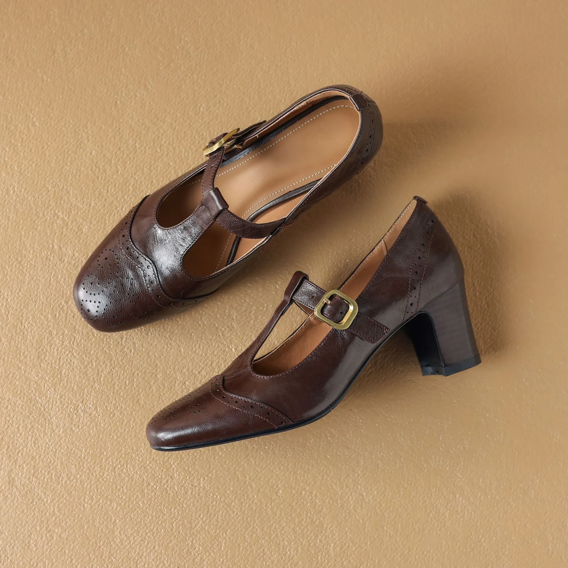 Handmade Leather T strap Detail Brogued Mary Jane Pumps in Black/Brown