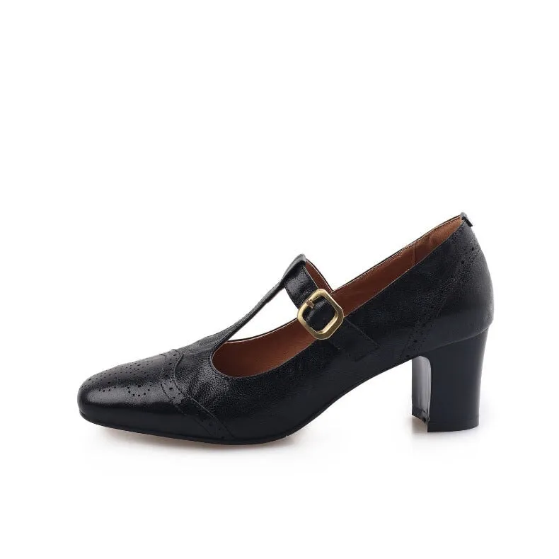 Handmade Leather T strap Detail Brogued Mary Jane Pumps in Black/Brown