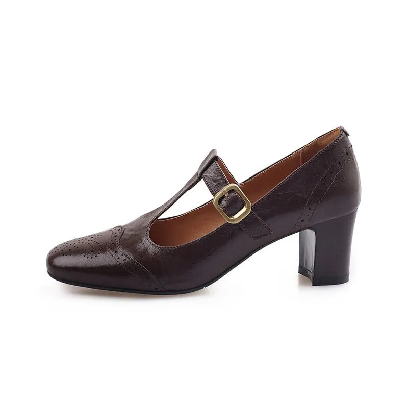 Handmade Leather T strap Detail Brogued Mary Jane Pumps in Black/Brown