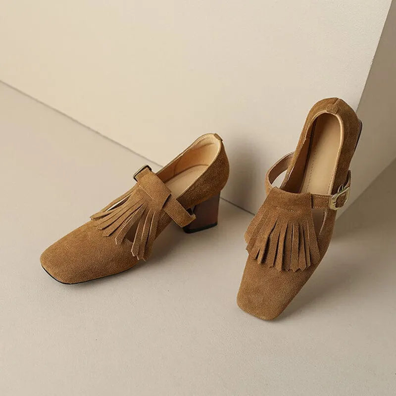 Handmade Suede Leather Pumps Mary Jane T Strap Square Toe Tassels Details in Black/Brown