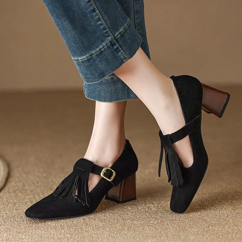 Handmade Suede Leather Pumps Mary Jane T Strap Square Toe Tassels Details in Black/Brown