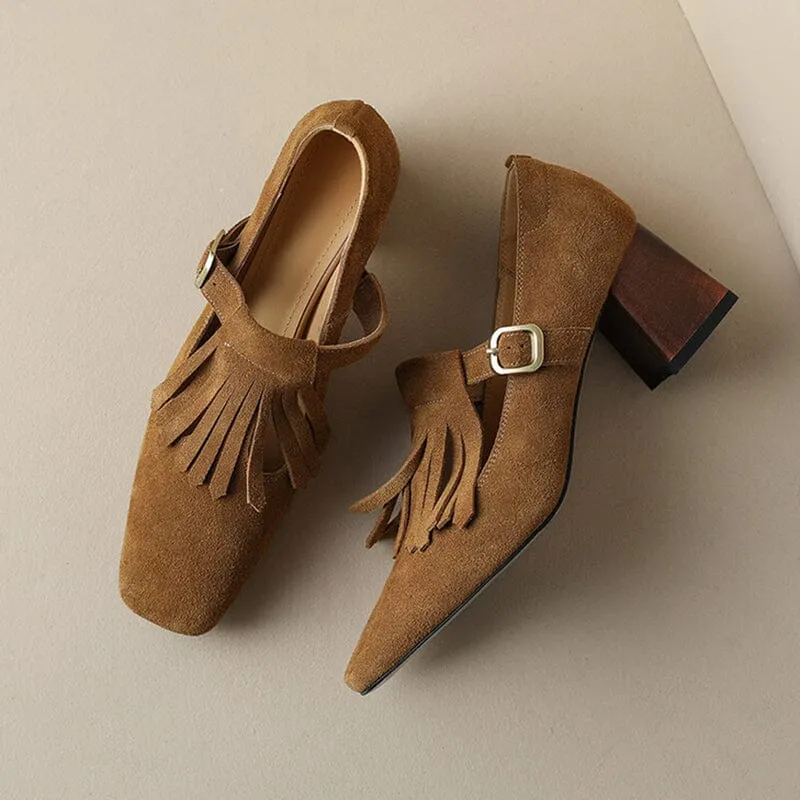 Handmade Suede Leather Pumps Mary Jane T Strap Square Toe Tassels Details in Black/Brown