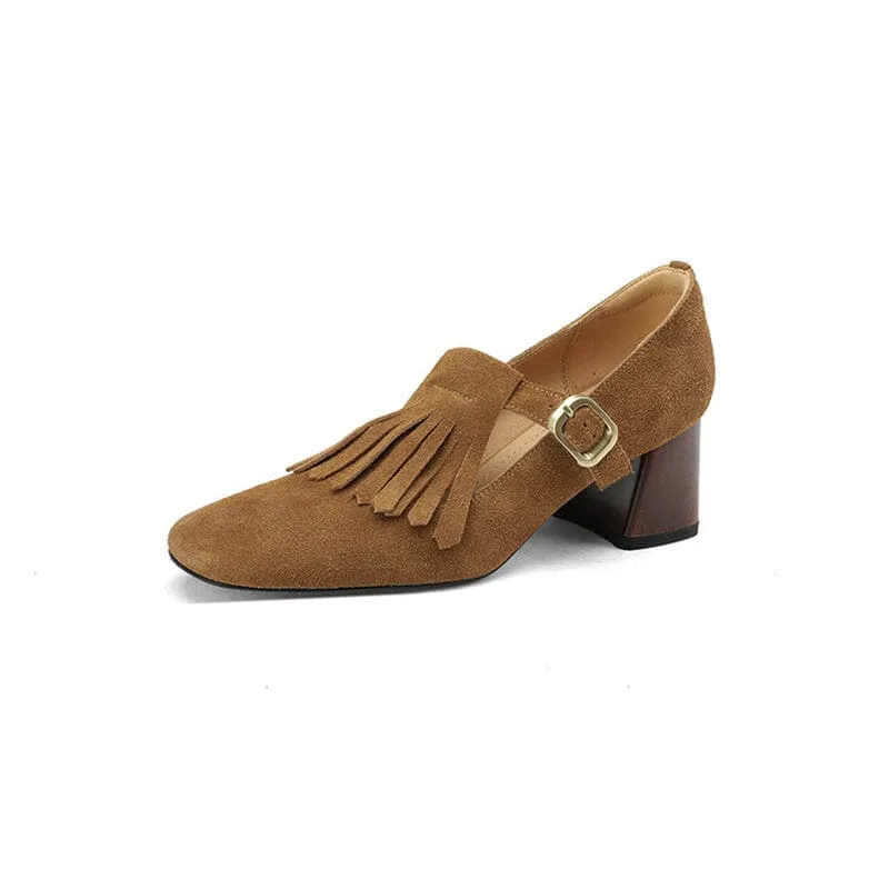 Handmade Suede Leather Pumps Mary Jane T Strap Square Toe Tassels Details in Black/Brown