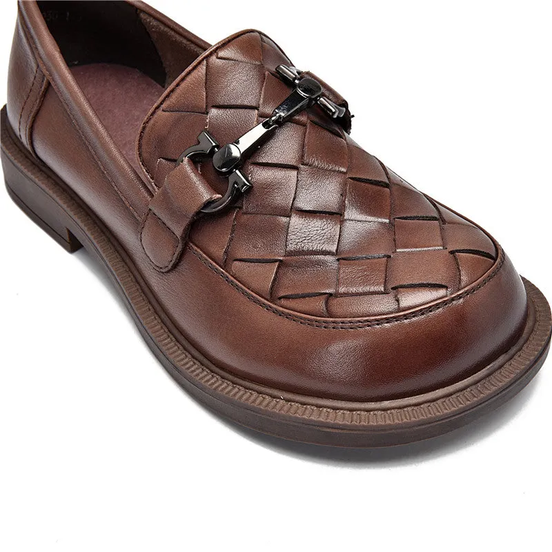 Handmade Weave Womens Genuine Leather Loafers Black/Brown