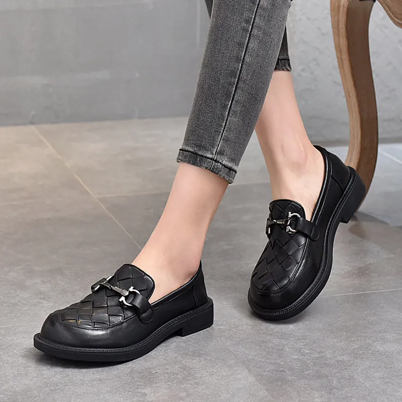 Handmade Weave Womens Genuine Leather Loafers Black/Brown