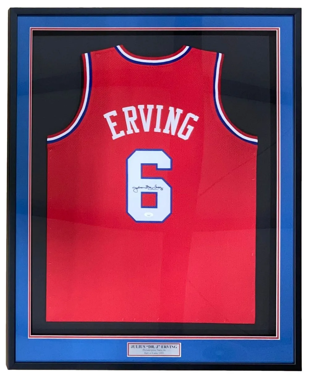 Julius Dr J Erving Philadelphia Signed Framed Red Basketball Jersey JSA