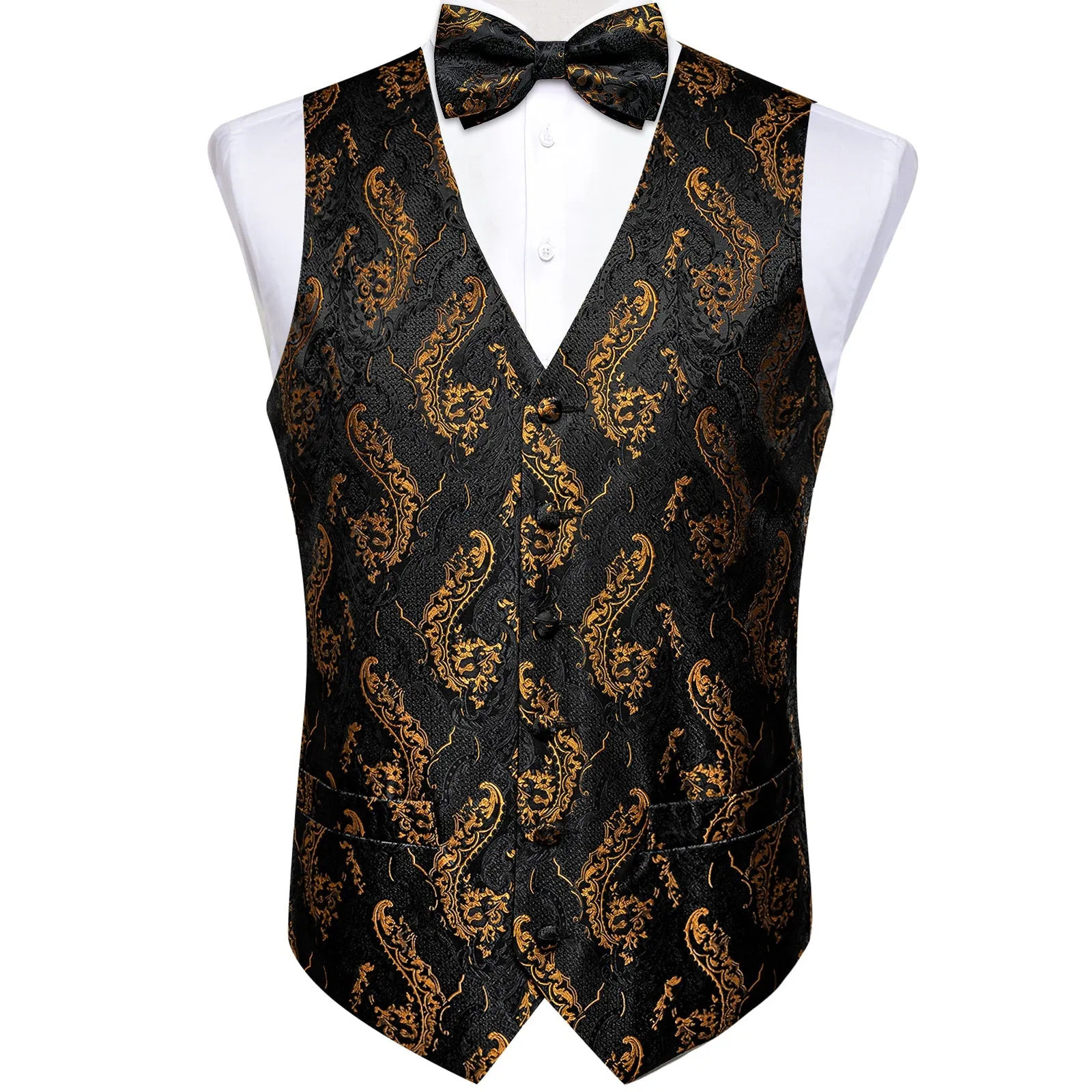 Luxury Black Golden Floral Men's Vest Necktie Bowtie Hanky Cufflinks Set