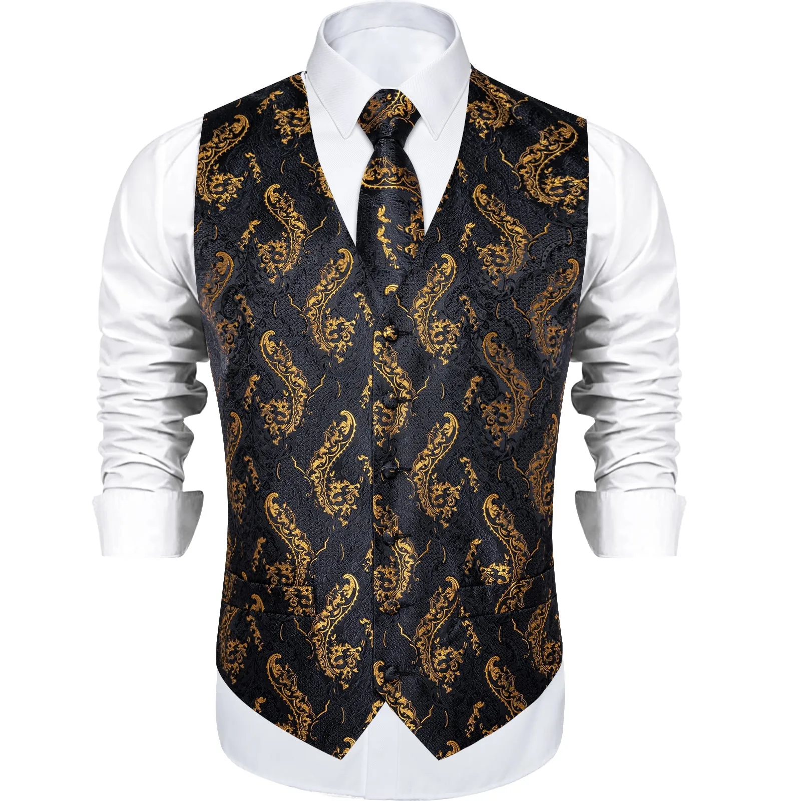 Luxury Black Golden Floral Men's Vest Necktie Bowtie Hanky Cufflinks Set