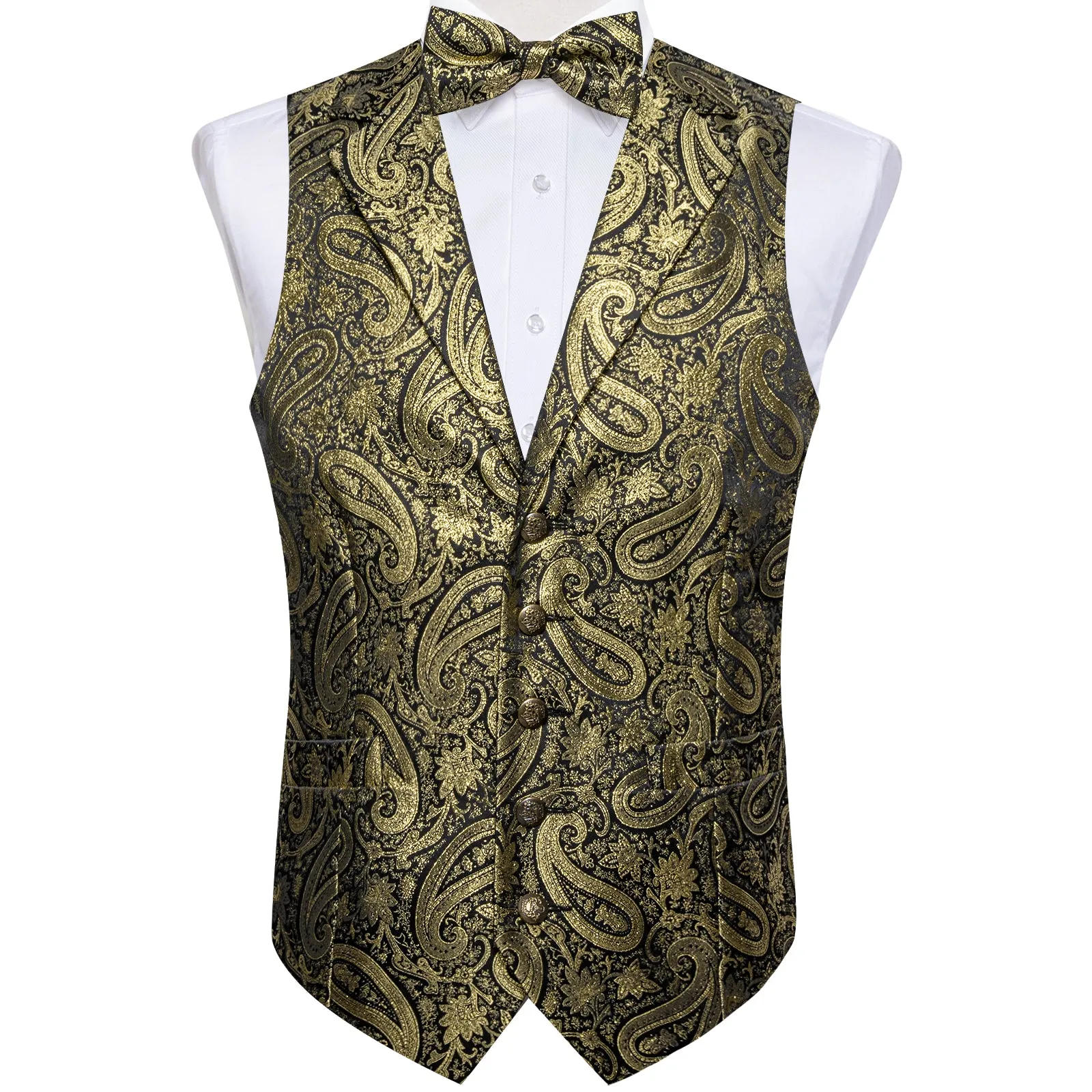 Luxury Golden Paisley Jacquard Silk Men's Collar Vest Bow Tie Handkerchief Cufflinks Set