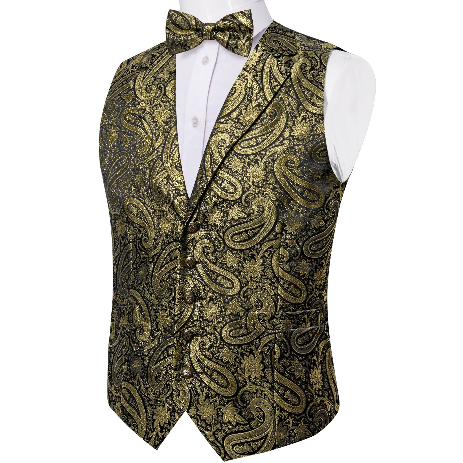 Luxury Golden Paisley Jacquard Silk Men's Collar Vest Bow Tie Handkerchief Cufflinks Set