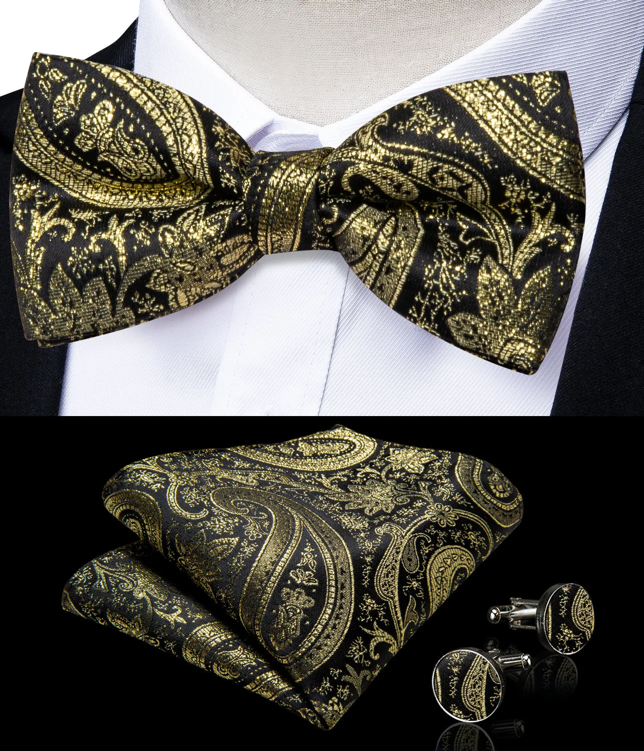 Luxury Golden Paisley Jacquard Silk Men's Collar Vest Bow Tie Handkerchief Cufflinks Set