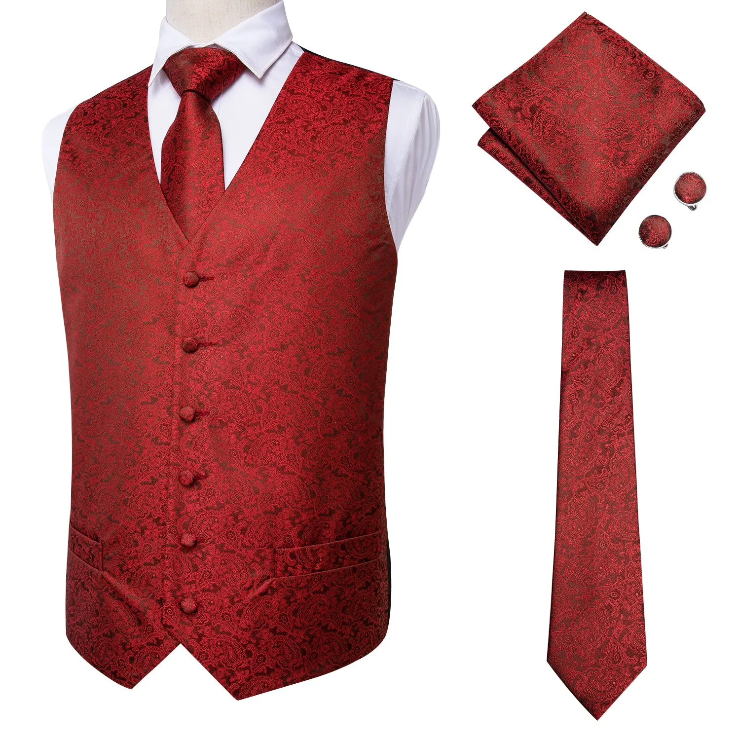 Luxury Red Paisley Jacquard Silk Men's Vest Hanky Cufflinks Tie Set