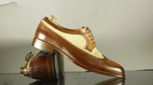 Men's Bespoke Beige Brown Wing Tip Lace Up Shoes