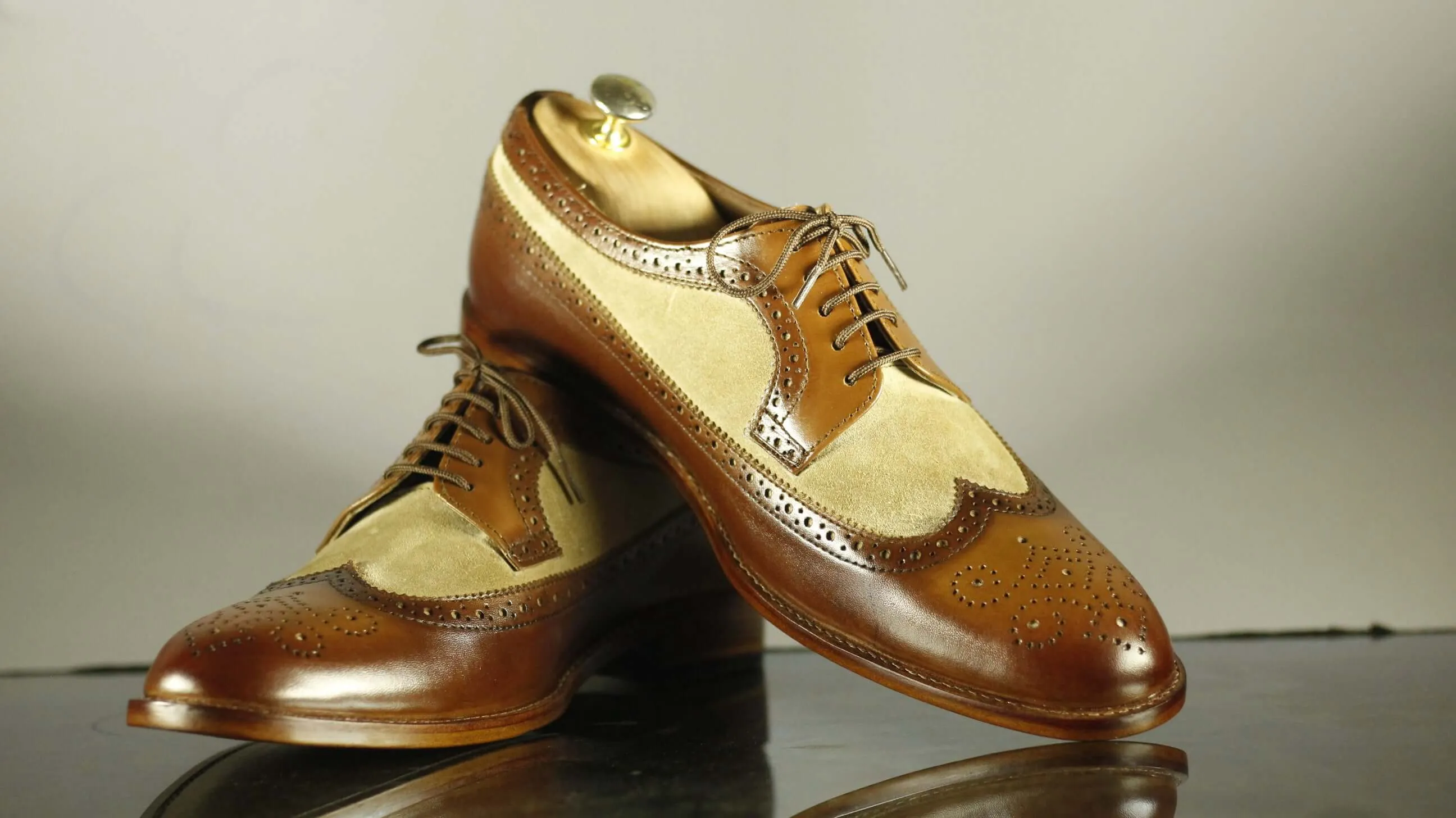 Men's Bespoke Beige Brown Wing Tip Lace Up Shoes