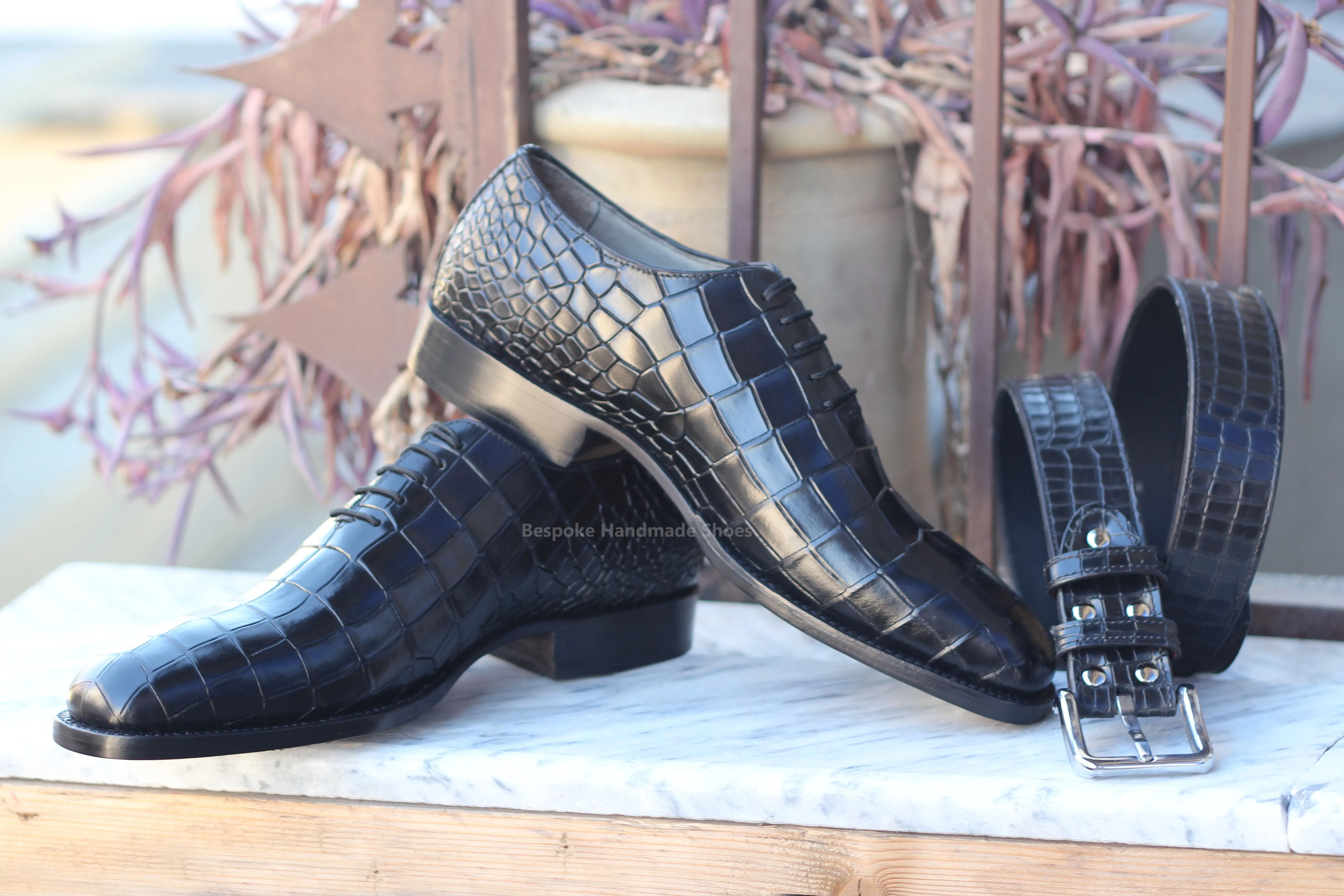 Men’s Black Alligator Print Leather Oxford Lace up Whole-cut Handmade Shoes