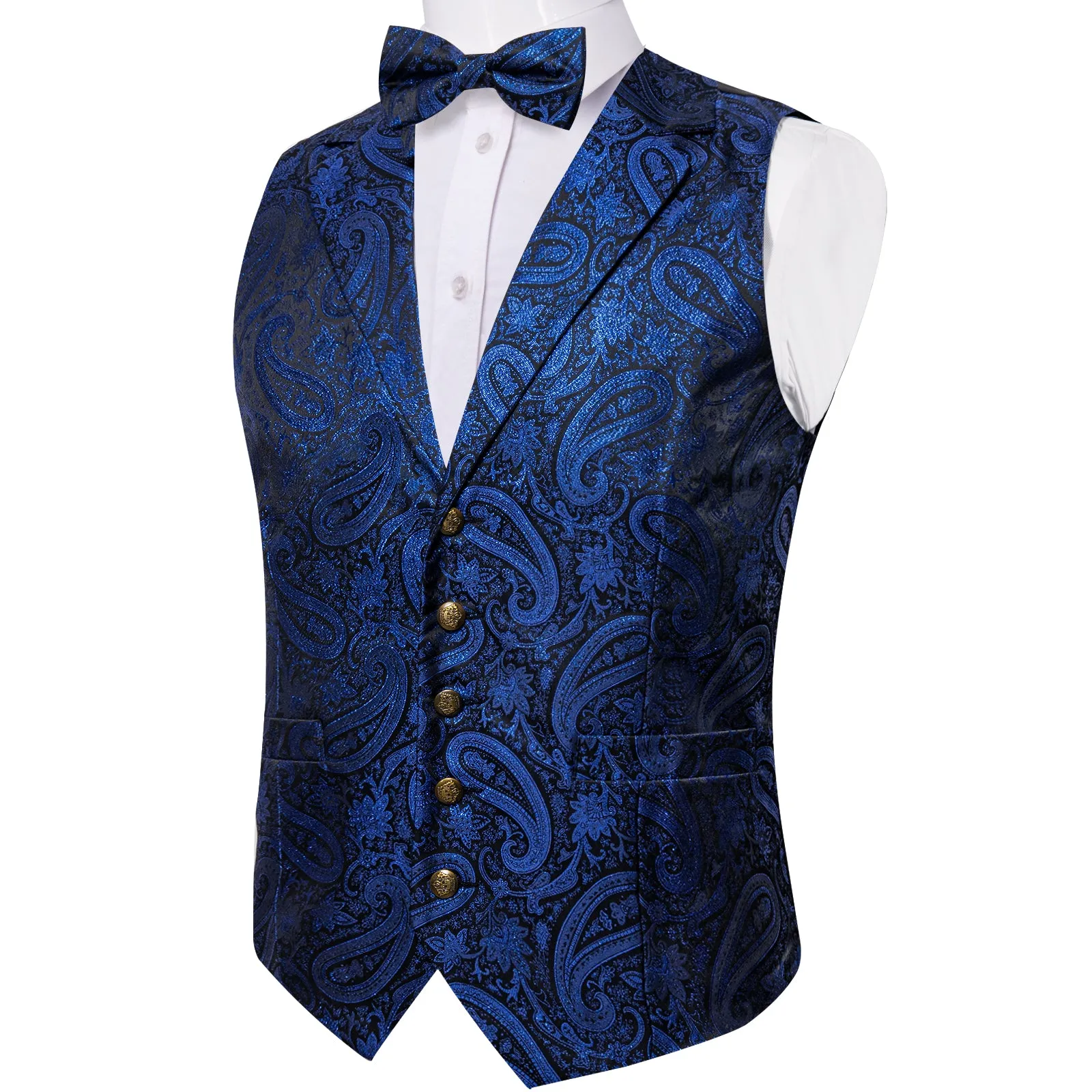 Navy Blue Paisley Jacquard Silk Men's Collar Vest Bow Tie Handkerchief Cufflinks Set