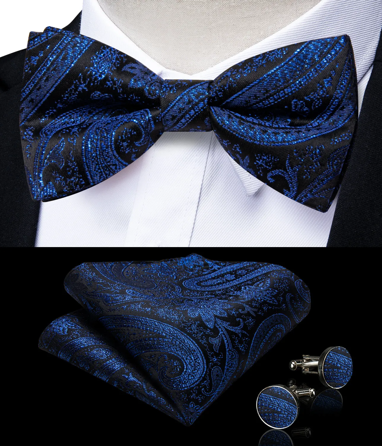 Navy Blue Paisley Jacquard Silk Men's Collar Vest Bow Tie Handkerchief Cufflinks Set