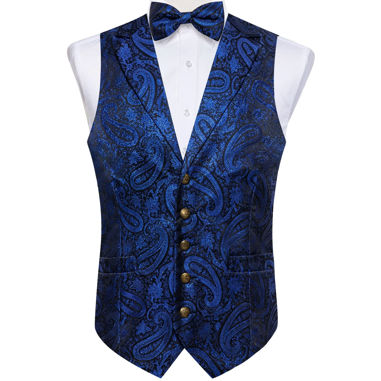 Navy Blue Paisley Jacquard Silk Men's Collar Vest Bow Tie Handkerchief Cufflinks Set