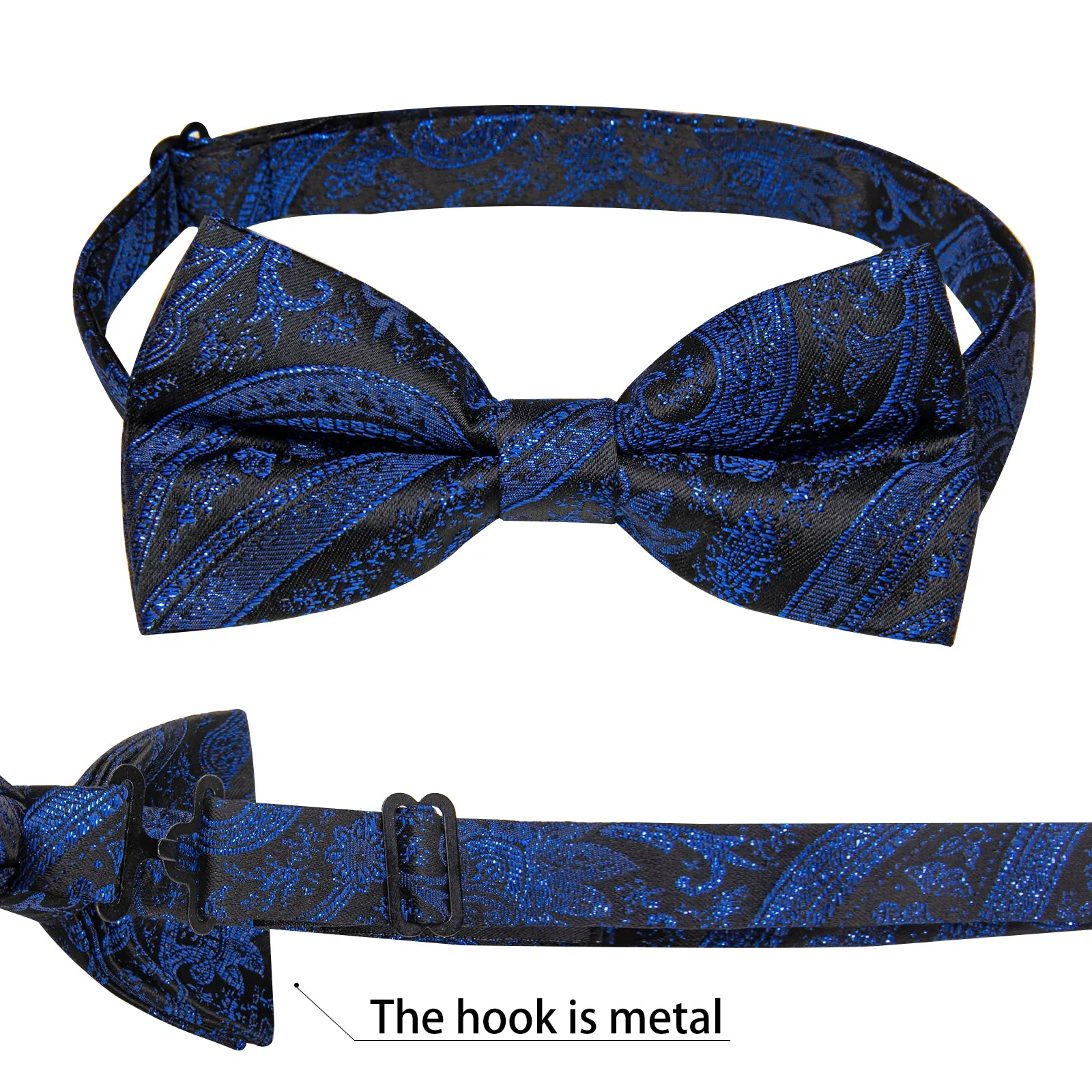 Navy Blue Paisley Jacquard Silk Men's Collar Vest Bow Tie Handkerchief Cufflinks Set