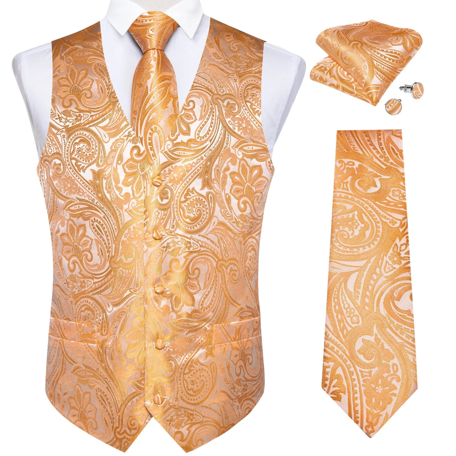 Orange Paisley Flower Silk Men's Vest Hanky Cufflinks Tie Set