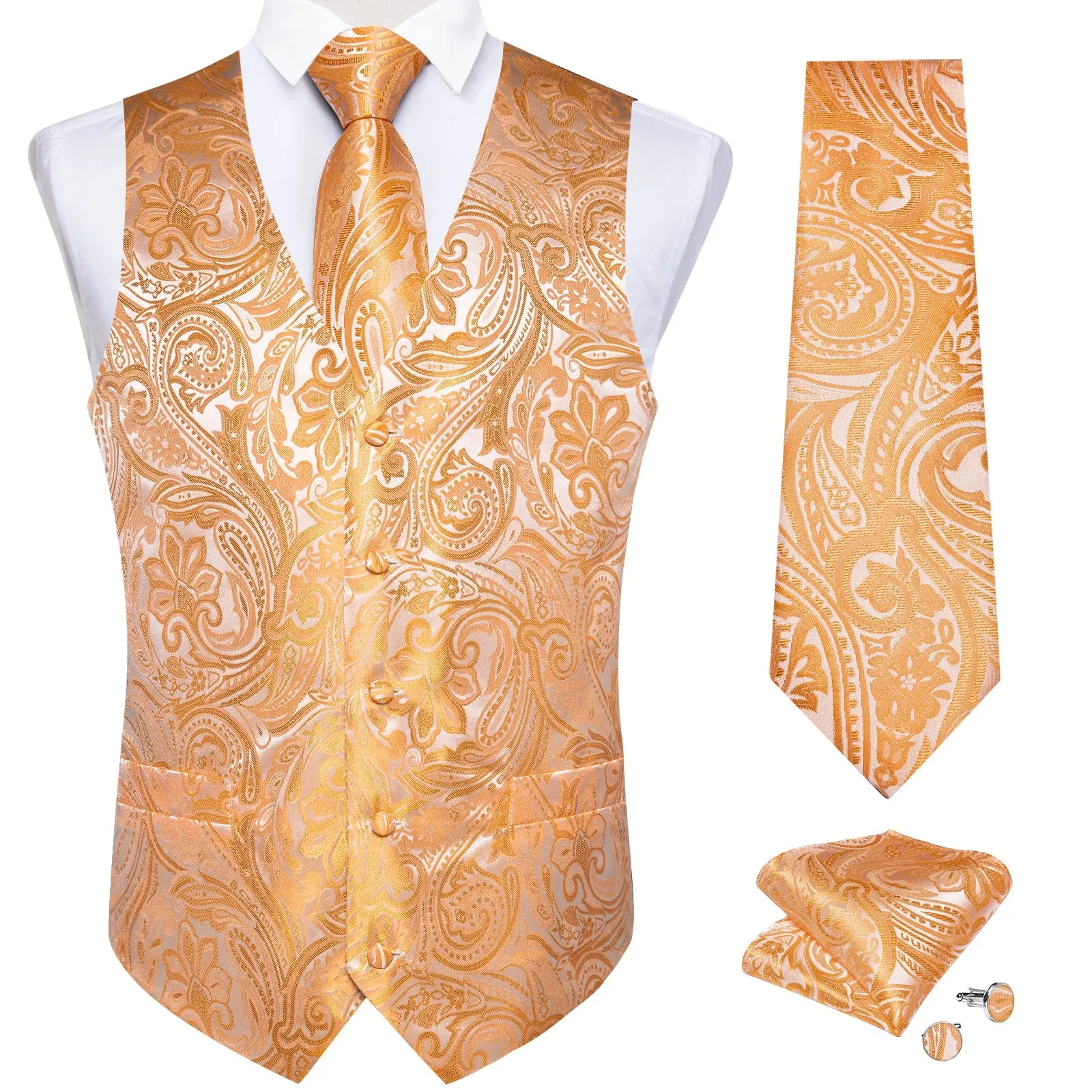 Orange Paisley Flower Silk Men's Vest Hanky Cufflinks Tie Set