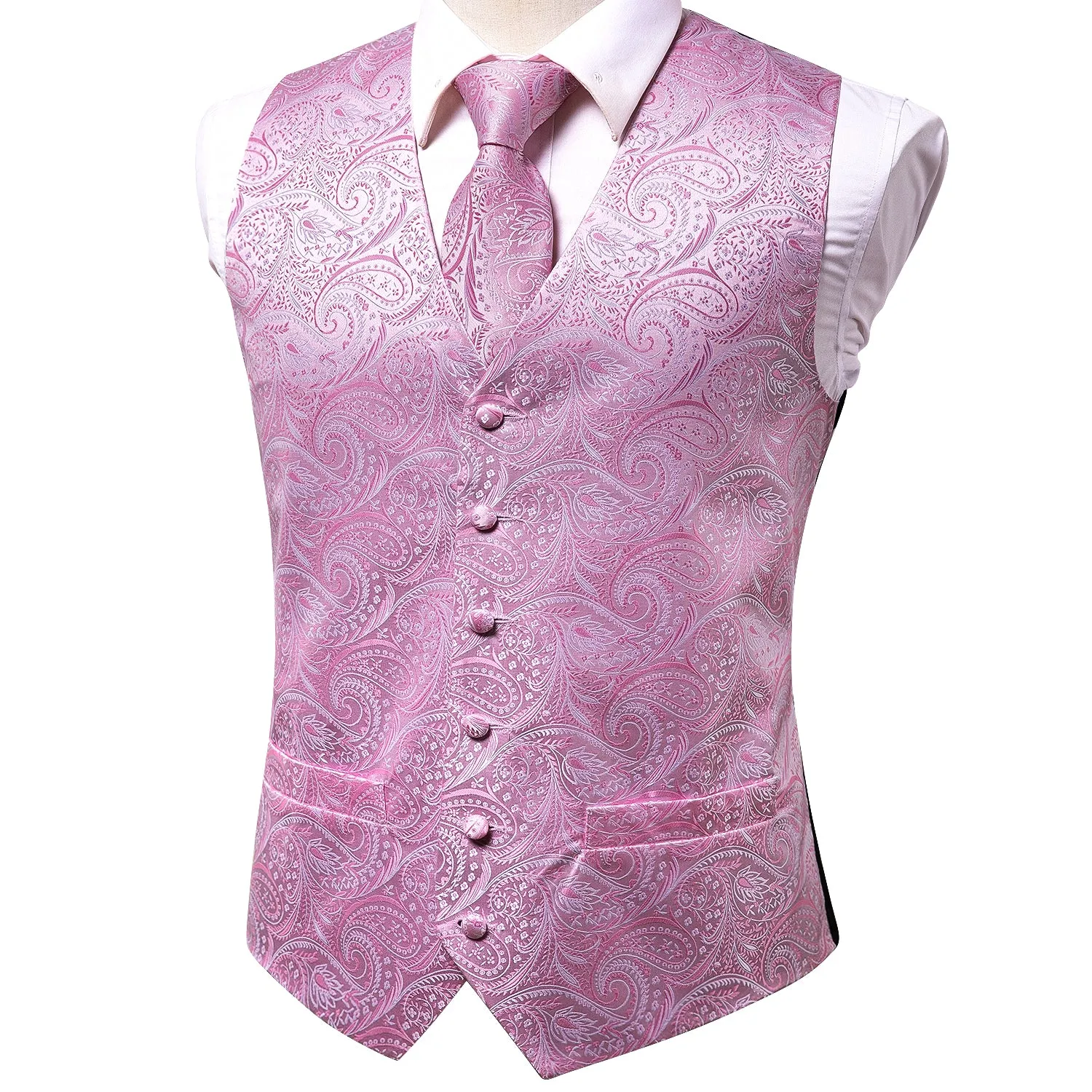 Pink Paisley Jacquard Silk Men's Vest Hanky Cufflinks Tie Set