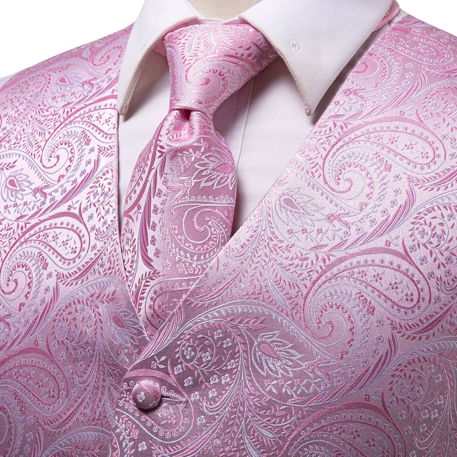 Pink Paisley Jacquard Silk Men's Vest Hanky Cufflinks Tie Set