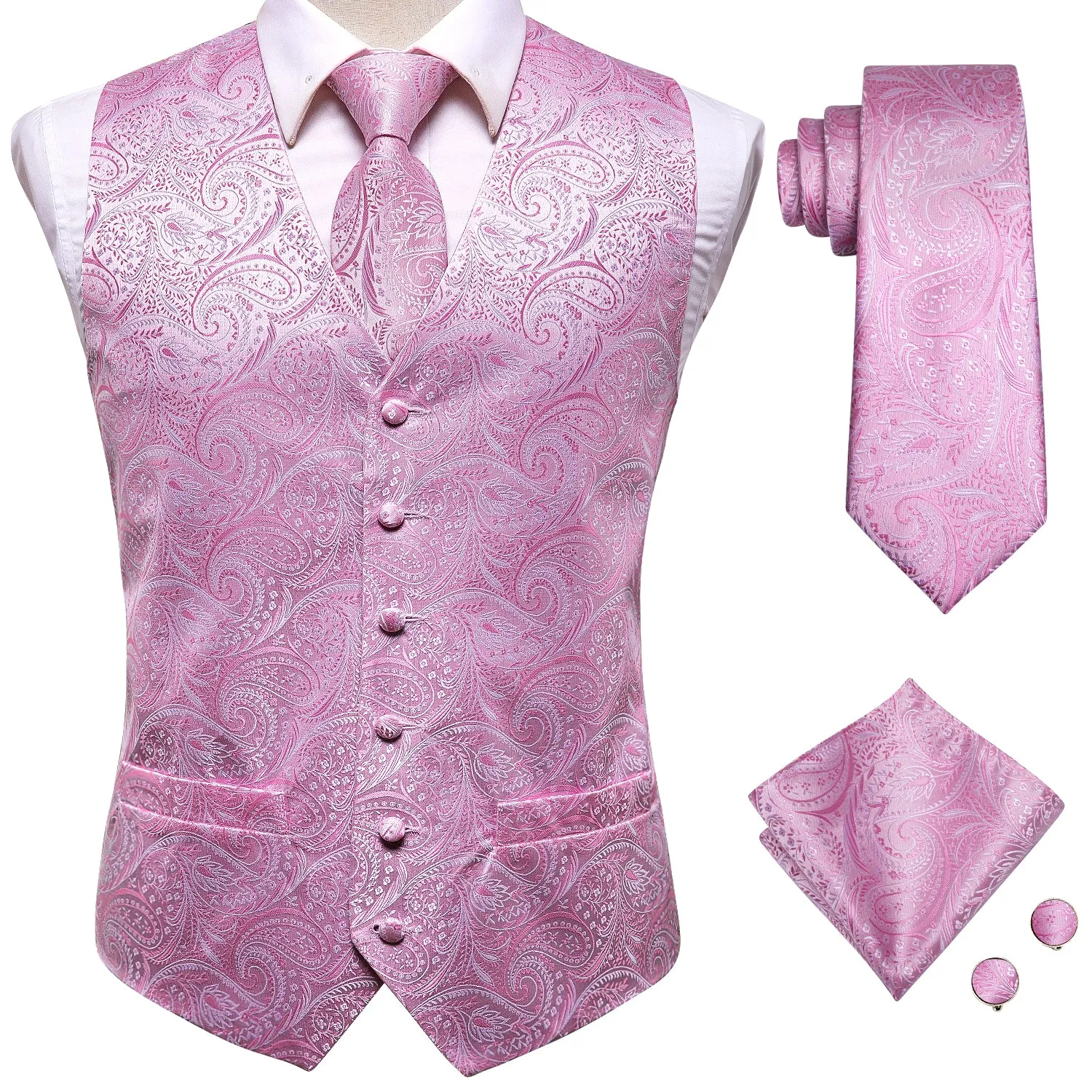 Pink Paisley Jacquard Silk Men's Vest Hanky Cufflinks Tie Set