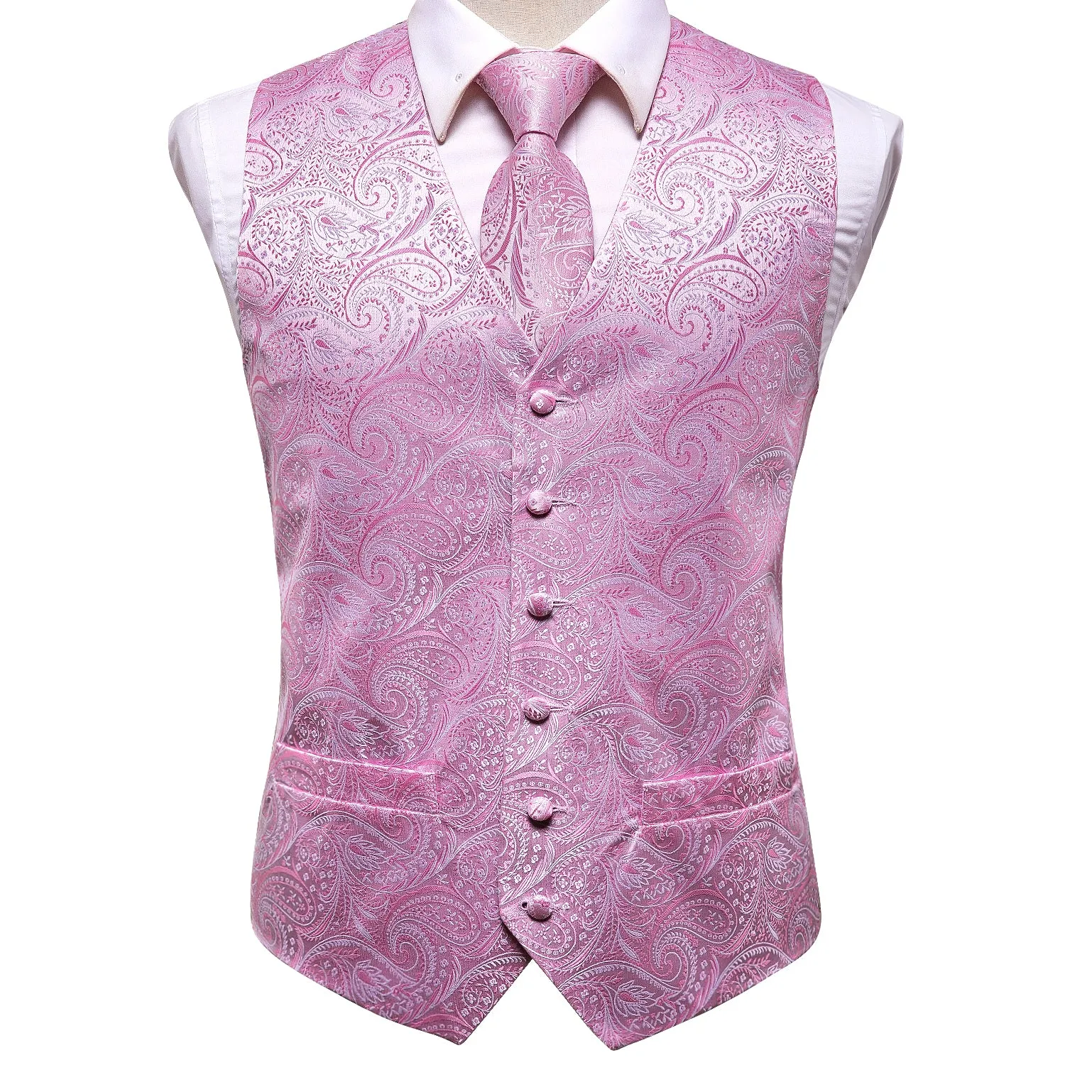 Pink Paisley Jacquard Silk Men's Vest Hanky Cufflinks Tie Set