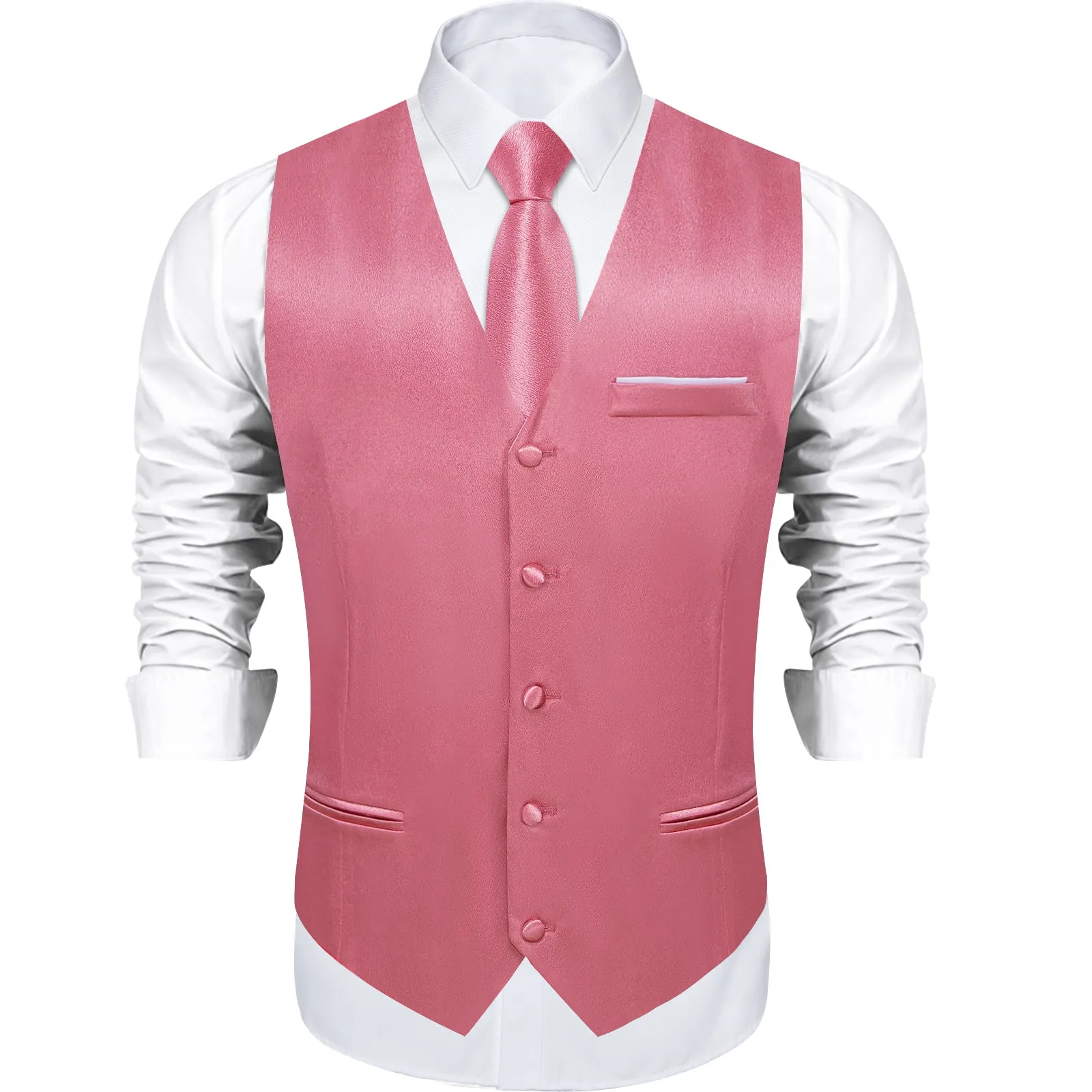 Pink Solid Shining Silk Formal Men's Vest Hanky Cufflinks Tie Set