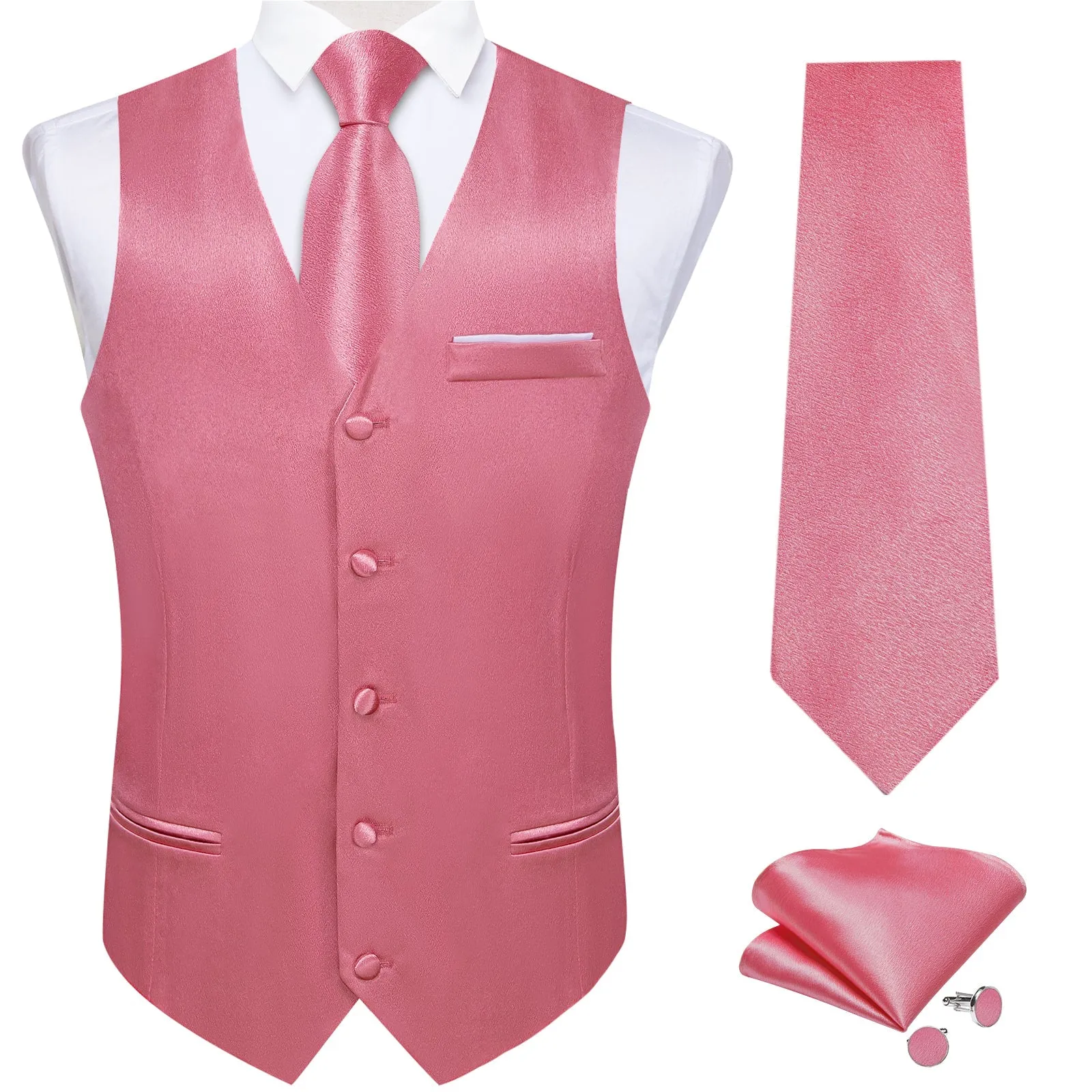 Pink Solid Shining Silk Formal Men's Vest Hanky Cufflinks Tie Set