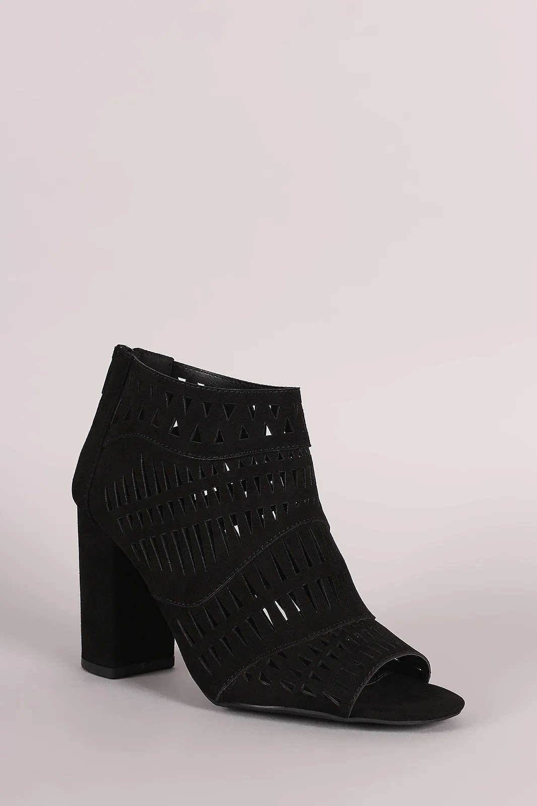 Qupid Suede Geo Cutout Patchwork Chunky Heeled Booties